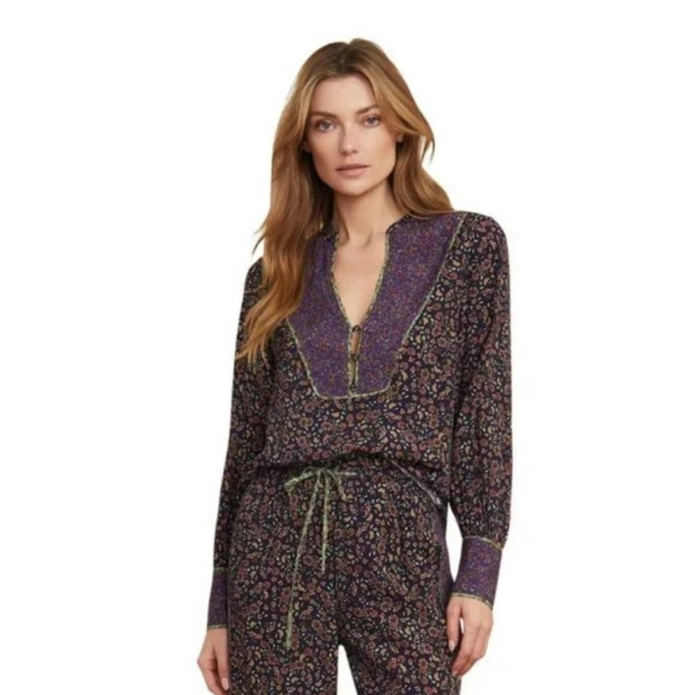 Veronica Beard Purple Blue Floral Betta Long Sleeve Blouse